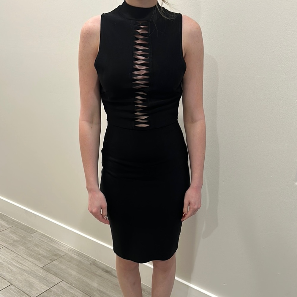 VENUS Black Bodycon Mini Dress with Cut Out Back and Mock Neck
